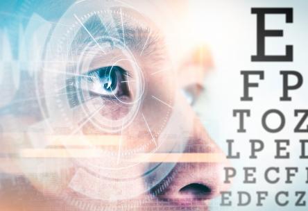 Man staring into futuristic eye exam, eye test