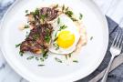 Maitake “Steak” and Eggs with Yogurt-Harissa Sauce